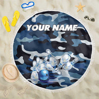 Blue Camouflage Pattern Beach Blanket with Bowling Pins and Ball Graphic Design - Wonder Print Shop
