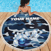 Blue Camouflage Pattern Beach Blanket with Bowling Pins and Ball Graphic Design - Wonder Print Shop