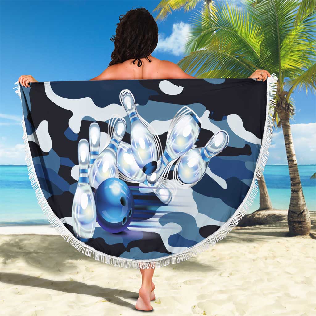 Blue Camouflage Pattern Beach Blanket with Bowling Pins and Ball Graphic Design - Wonder Print Shop