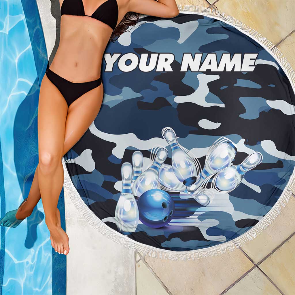 Blue Camouflage Pattern Beach Blanket with Bowling Pins and Ball Graphic Design - Wonder Print Shop