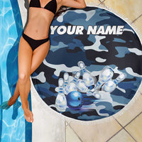 Blue Camouflage Pattern Beach Blanket with Bowling Pins and Ball Graphic Design - Wonder Print Shop