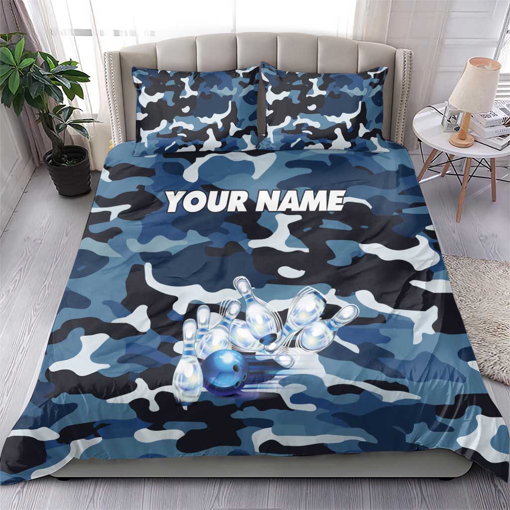 Blue Camouflage Pattern Bedding Set with Bowling Pins and Ball Graphic Design - Wonder Print Shop