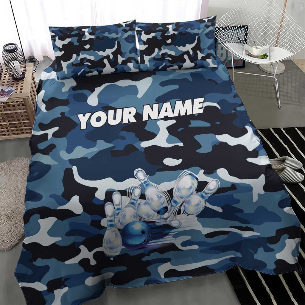 Blue Camouflage Pattern Bedding Set with Bowling Pins and Ball Graphic Design - Wonder Print Shop
