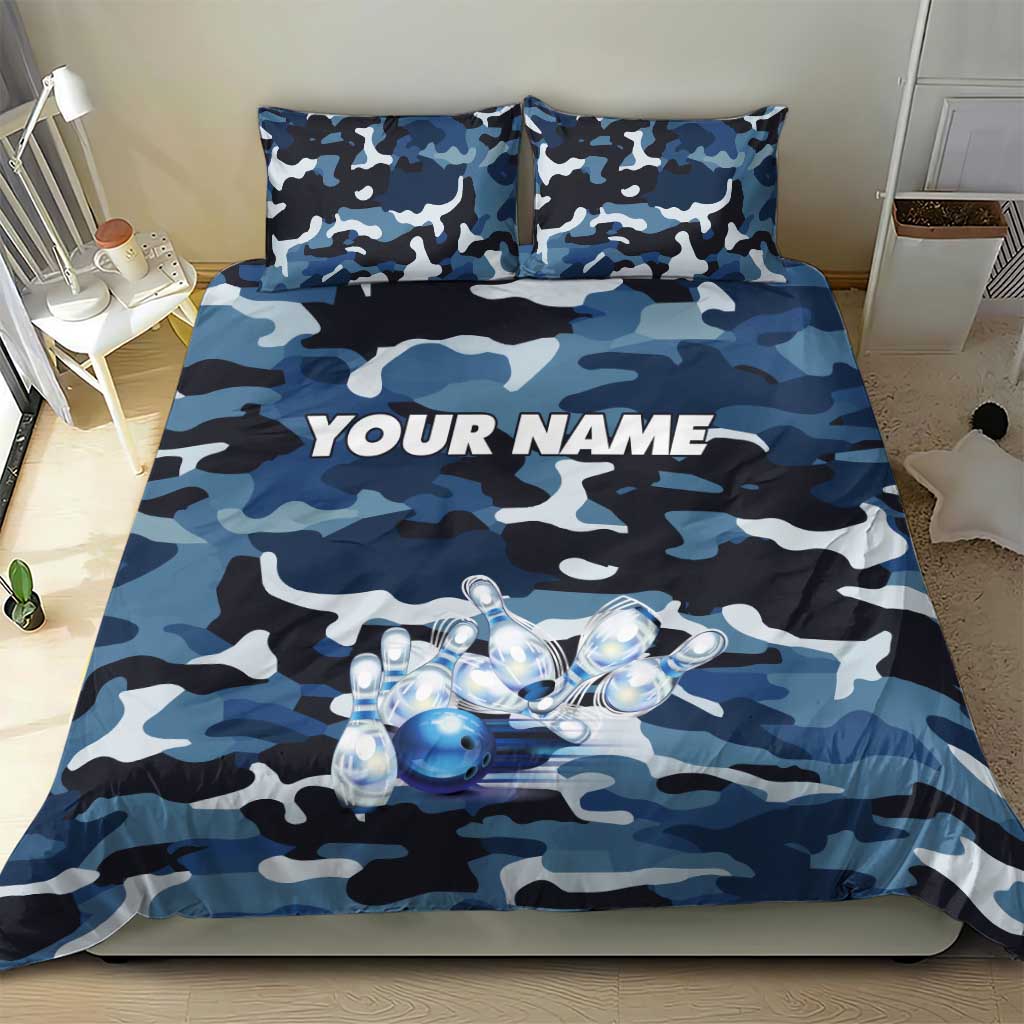 Blue Camouflage Pattern Bedding Set with Bowling Pins and Ball Graphic Design - Wonder Print Shop