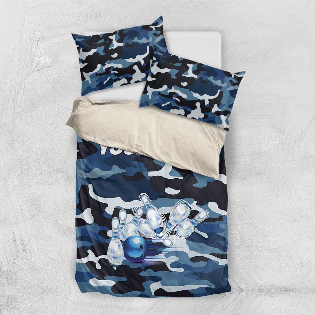 Blue Camouflage Pattern Bedding Set with Bowling Pins and Ball Graphic Design - Wonder Print Shop