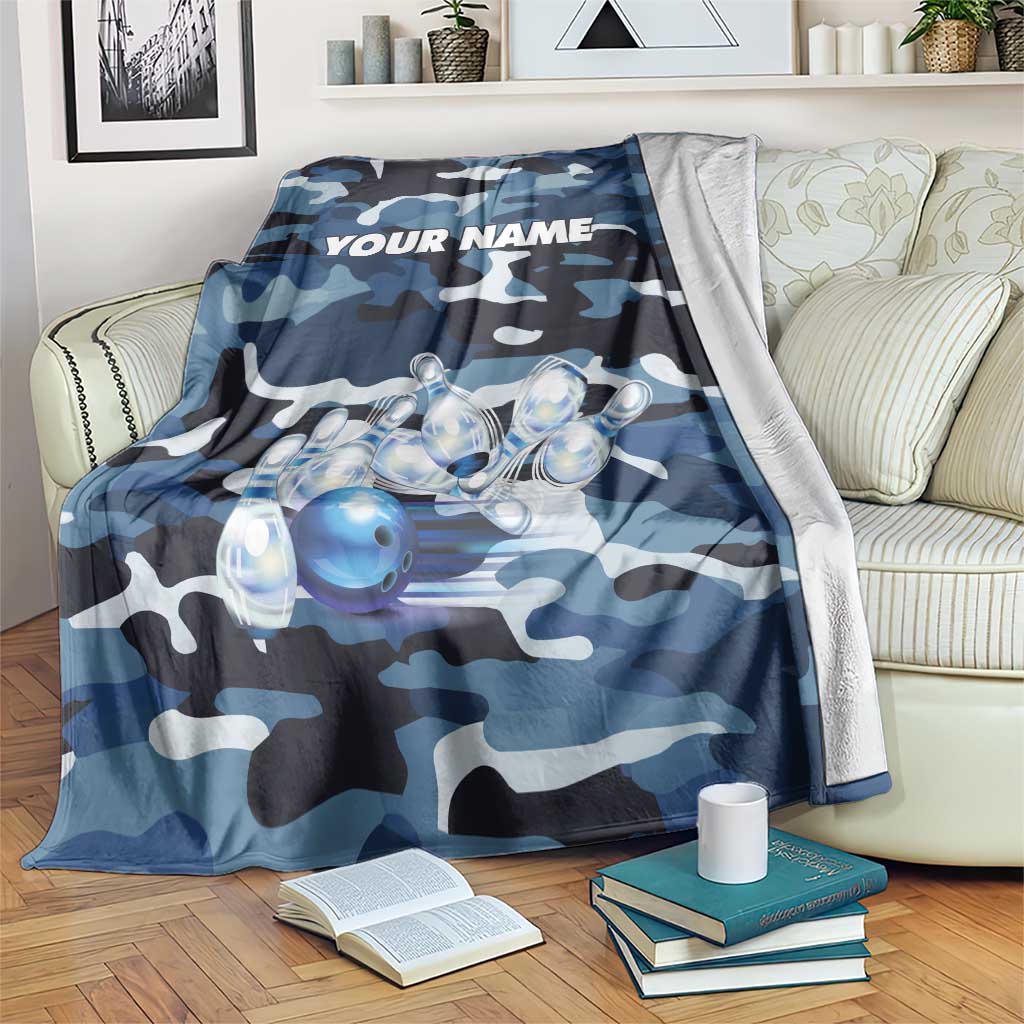 Blue Camouflage Pattern Blanket with Bowling Pins and Ball Graphic Design - Wonder Print Shop