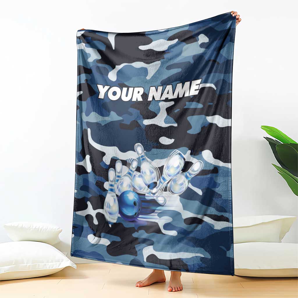 Blue Camouflage Pattern Blanket with Bowling Pins and Ball Graphic Design - Wonder Print Shop