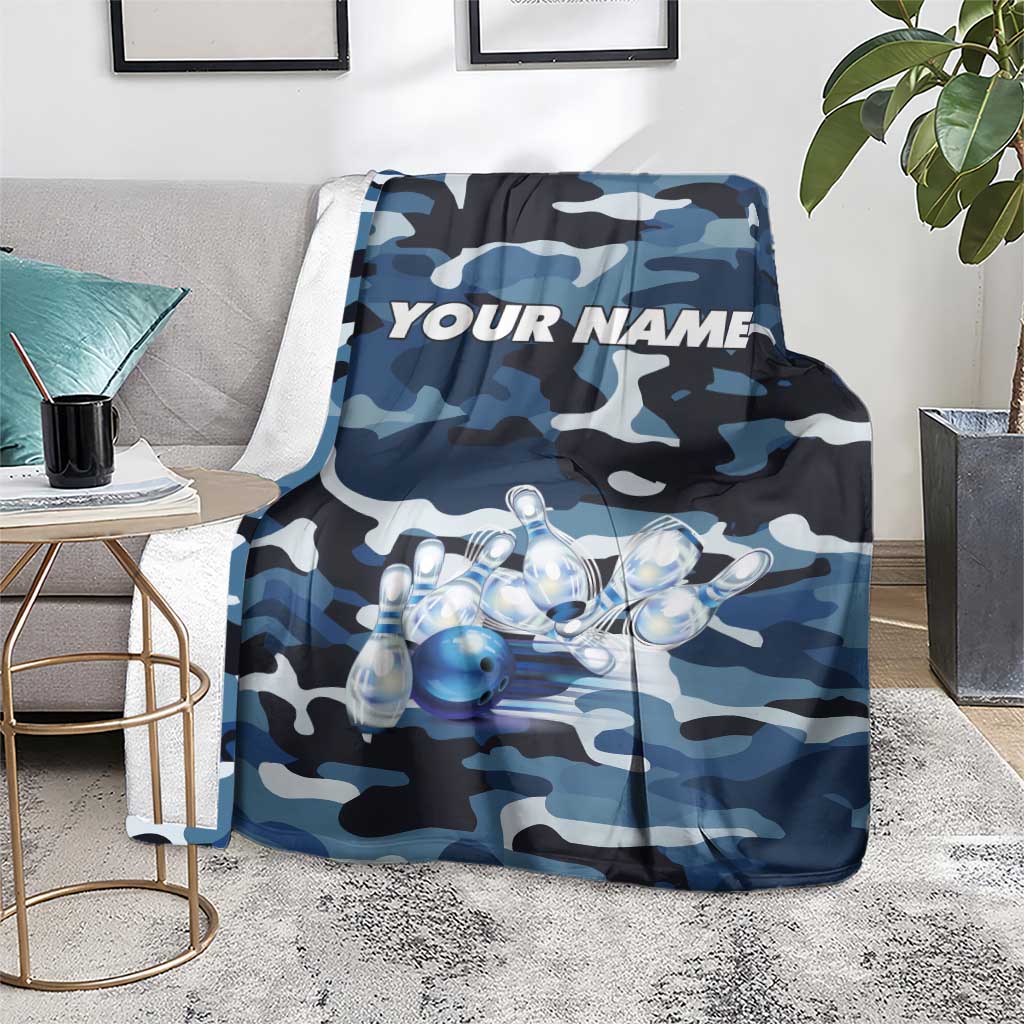 Blue Camouflage Pattern Blanket with Bowling Pins and Ball Graphic Design - Wonder Print Shop
