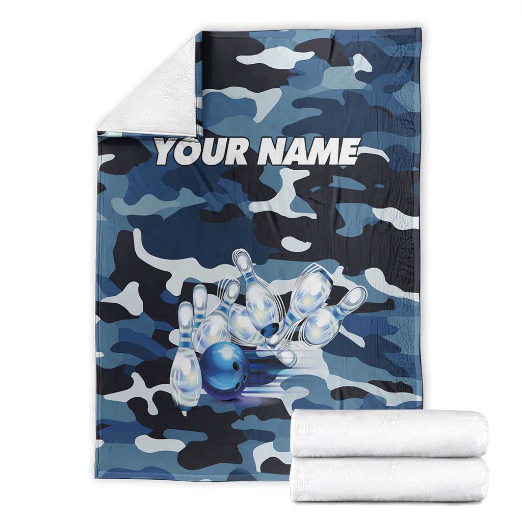 Blue Camouflage Pattern Blanket with Bowling Pins and Ball Graphic Design - Wonder Print Shop