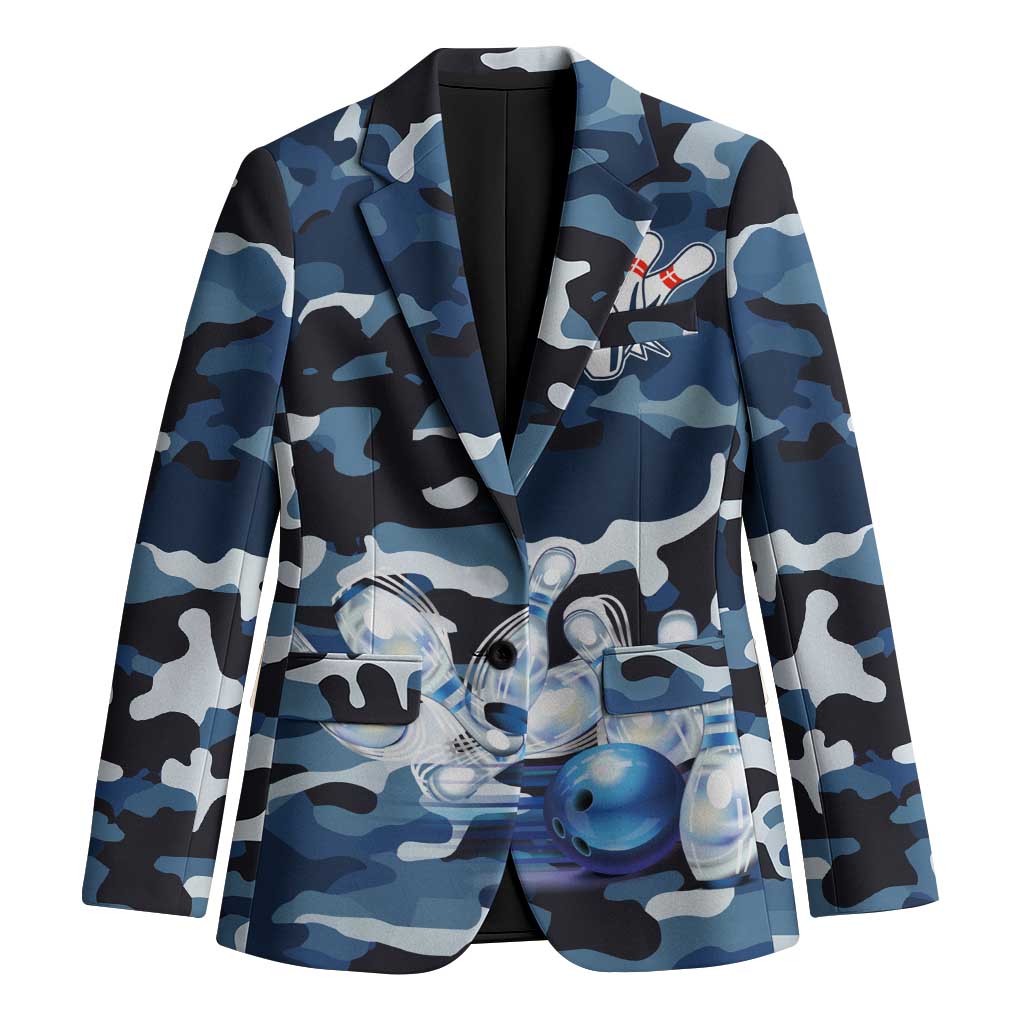 Blue Camouflage Pattern Blazer with Bowling Pins and Ball Graphic Design - Wonder Print Shop