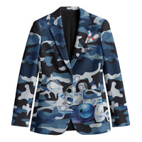 Blue Camouflage Pattern Blazer with Bowling Pins and Ball Graphic Design - Wonder Print Shop