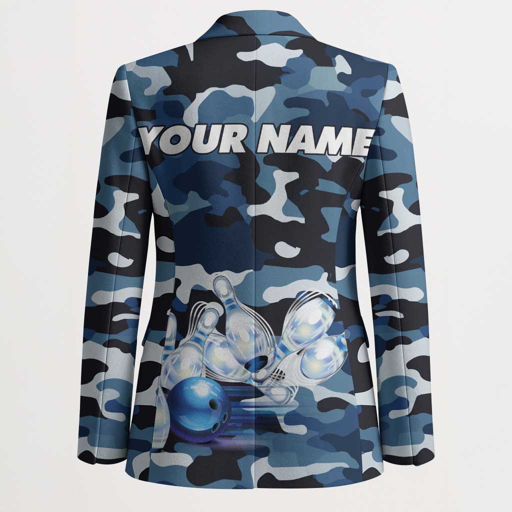 Blue Camouflage Pattern Blazer with Bowling Pins and Ball Graphic Design - Wonder Print Shop