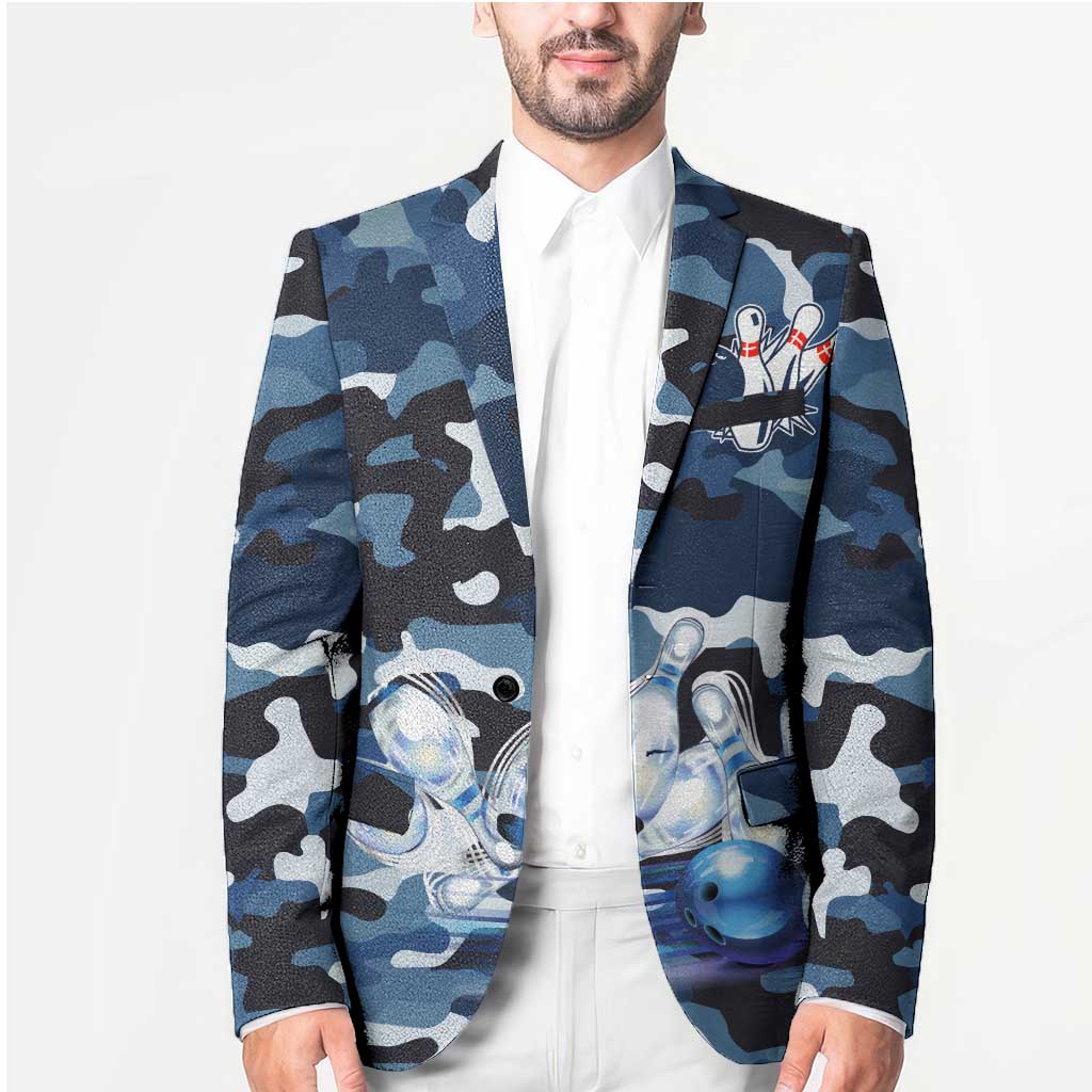 Blue Camouflage Pattern Blazer with Bowling Pins and Ball Graphic Design - Wonder Print Shop