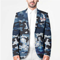 Blue Camouflage Pattern Blazer with Bowling Pins and Ball Graphic Design - Wonder Print Shop