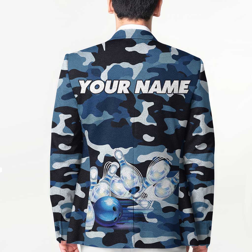 Blue Camouflage Pattern Blazer with Bowling Pins and Ball Graphic Design - Wonder Print Shop