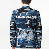 Blue Camouflage Pattern Blazer with Bowling Pins and Ball Graphic Design - Wonder Print Shop