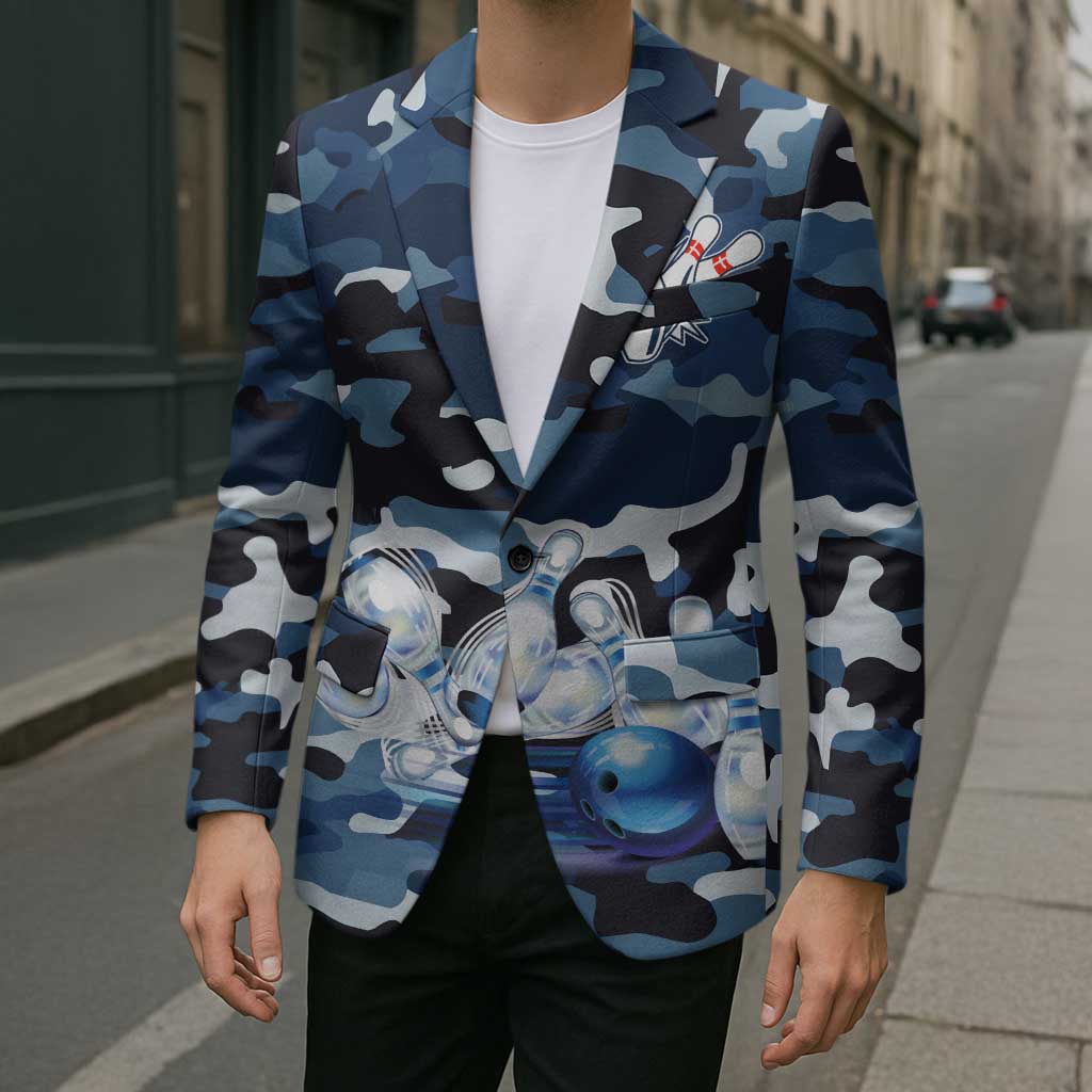 Blue Camouflage Pattern Blazer with Bowling Pins and Ball Graphic Design - Wonder Print Shop