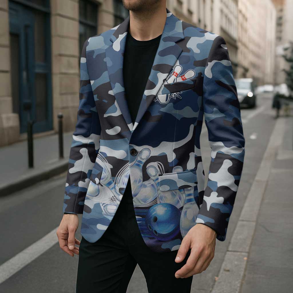Blue Camouflage Pattern Blazer with Bowling Pins and Ball Graphic Design - Wonder Print Shop