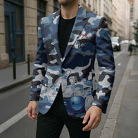 Blue Camouflage Pattern Blazer with Bowling Pins and Ball Graphic Design - Wonder Print Shop