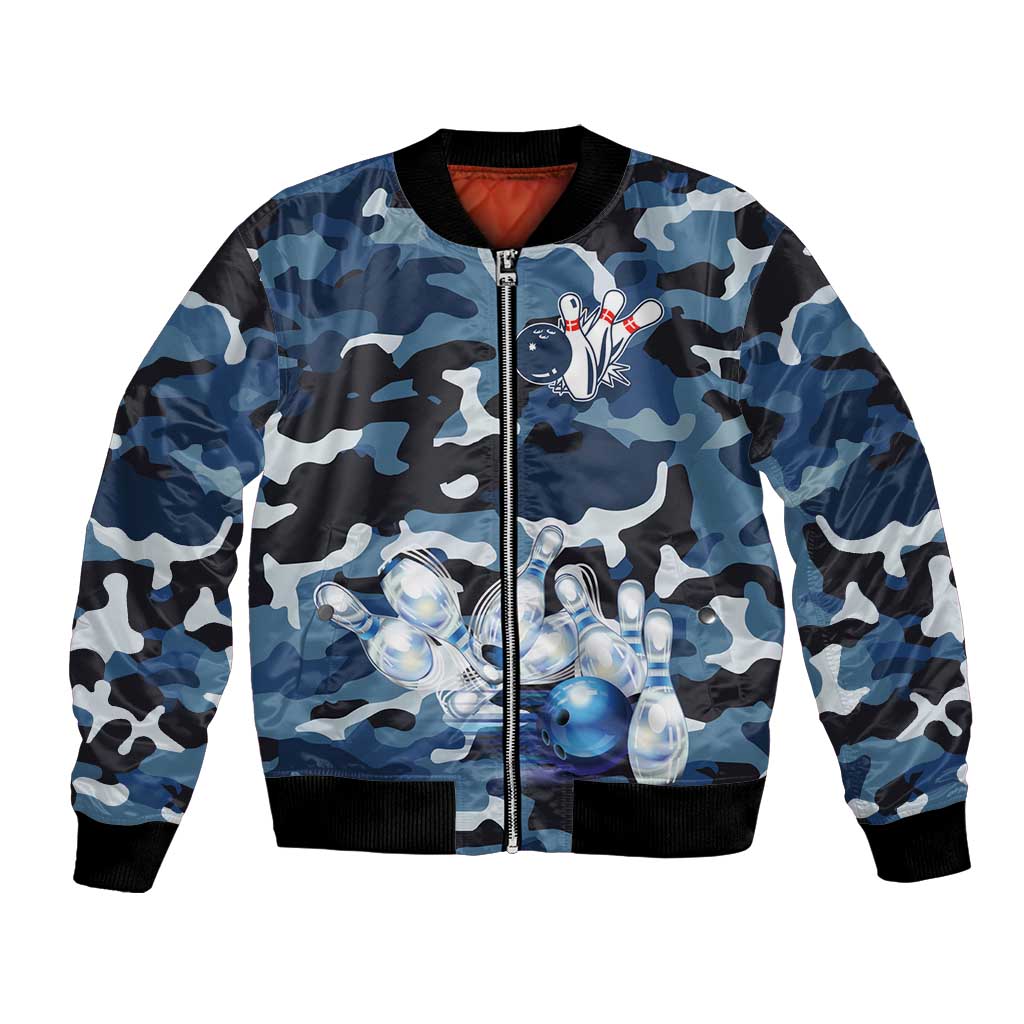 Blue Camouflage Pattern Bomber Jacket with Bowling Pins and Ball Graphic Design - Wonder Print Shop