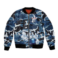 Blue Camouflage Pattern Bomber Jacket with Bowling Pins and Ball Graphic Design - Wonder Print Shop