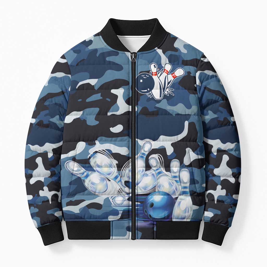 Blue Camouflage Pattern Bomber Puffer Jacket with Bowling Pins and Ball Graphic Design - Wonder Print Shop