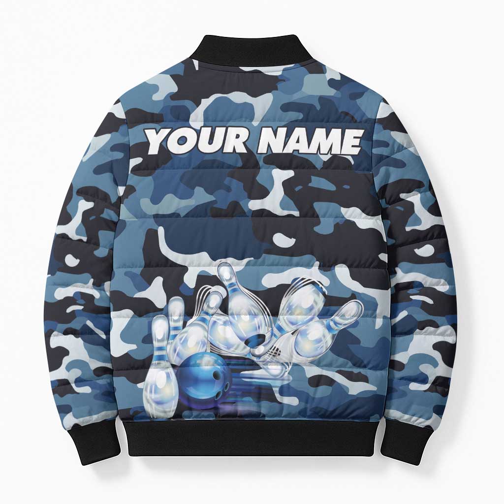 Blue Camouflage Pattern Bomber Puffer Jacket with Bowling Pins and Ball Graphic Design - Wonder Print Shop