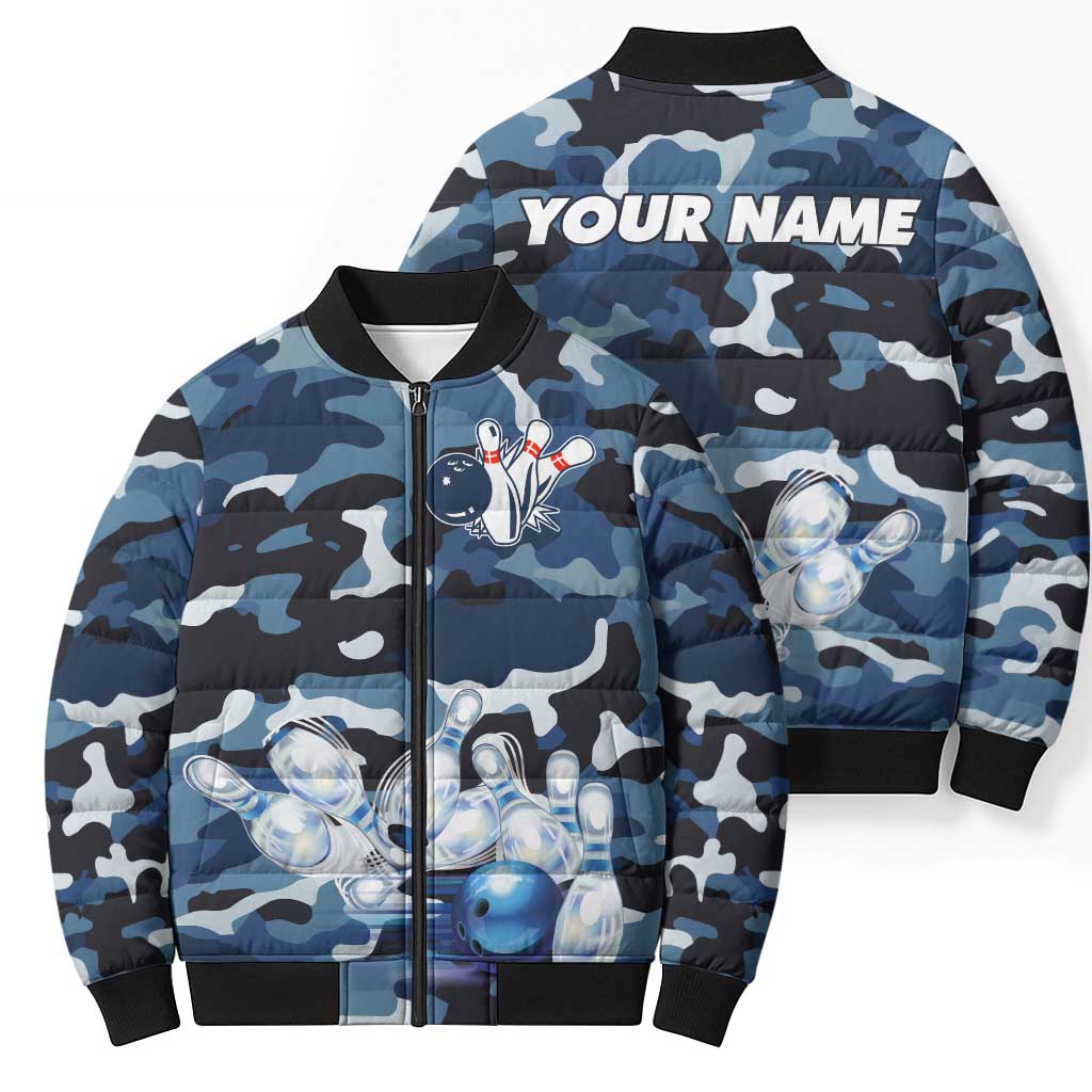 Blue Camouflage Pattern Bomber Puffer Jacket with Bowling Pins and Ball Graphic Design - Wonder Print Shop