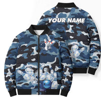 Blue Camouflage Pattern Bomber Puffer Jacket with Bowling Pins and Ball Graphic Design - Wonder Print Shop