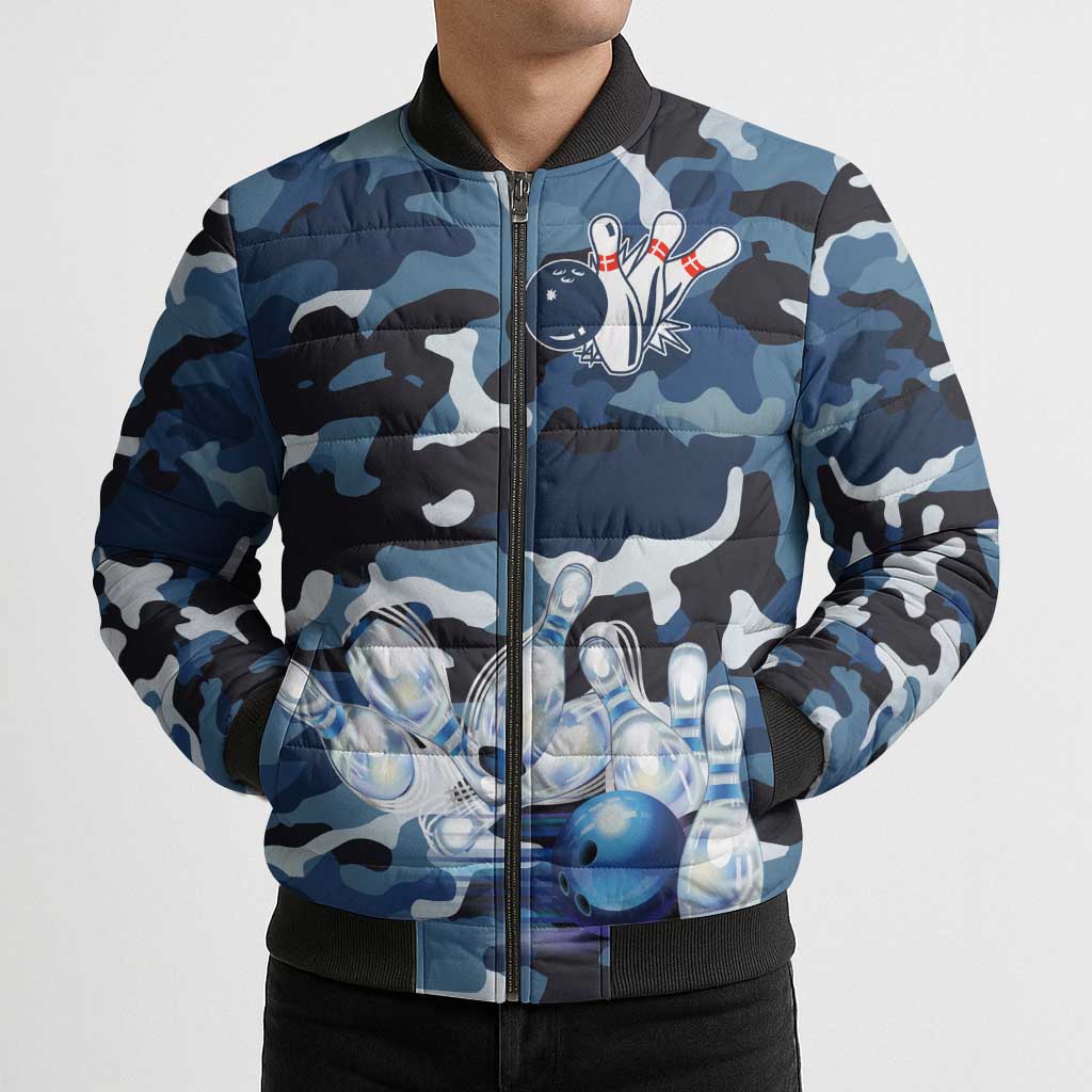 Blue Camouflage Pattern Bomber Puffer Jacket with Bowling Pins and Ball Graphic Design - Wonder Print Shop