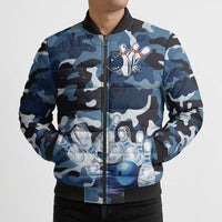 Blue Camouflage Pattern Bomber Puffer Jacket with Bowling Pins and Ball Graphic Design - Wonder Print Shop