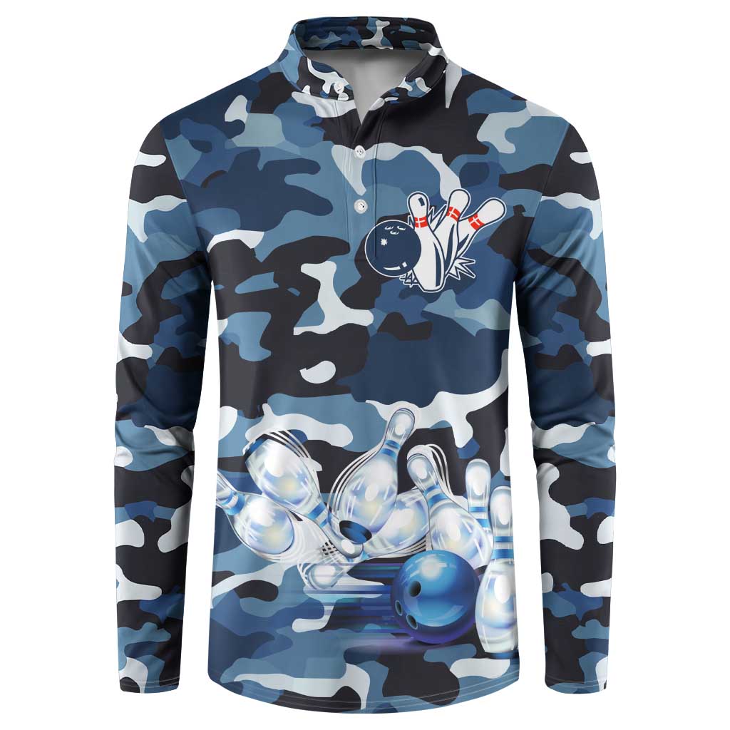 Blue Camouflage Pattern Button Sweatshirt with Bowling Pins and Ball Graphic Design - Wonder Print Shop