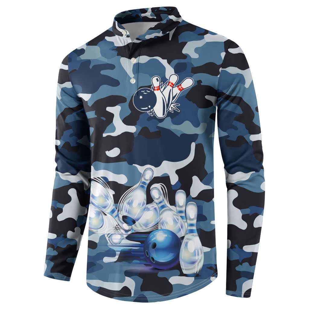 Blue Camouflage Pattern Button Sweatshirt with Bowling Pins and Ball Graphic Design - Wonder Print Shop