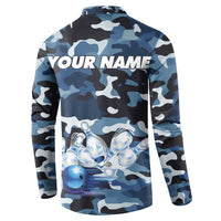 Blue Camouflage Pattern Button Sweatshirt with Bowling Pins and Ball Graphic Design - Wonder Print Shop