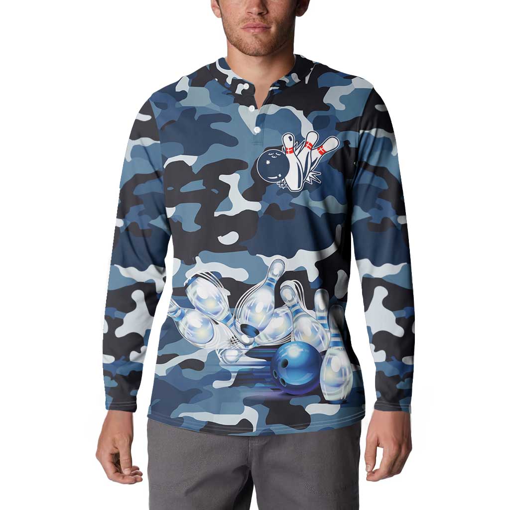 Blue Camouflage Pattern Button Sweatshirt with Bowling Pins and Ball Graphic Design - Wonder Print Shop
