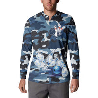 Blue Camouflage Pattern Button Sweatshirt with Bowling Pins and Ball Graphic Design - Wonder Print Shop