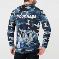 Blue Camouflage Pattern Button Sweatshirt with Bowling Pins and Ball Graphic Design - Wonder Print Shop
