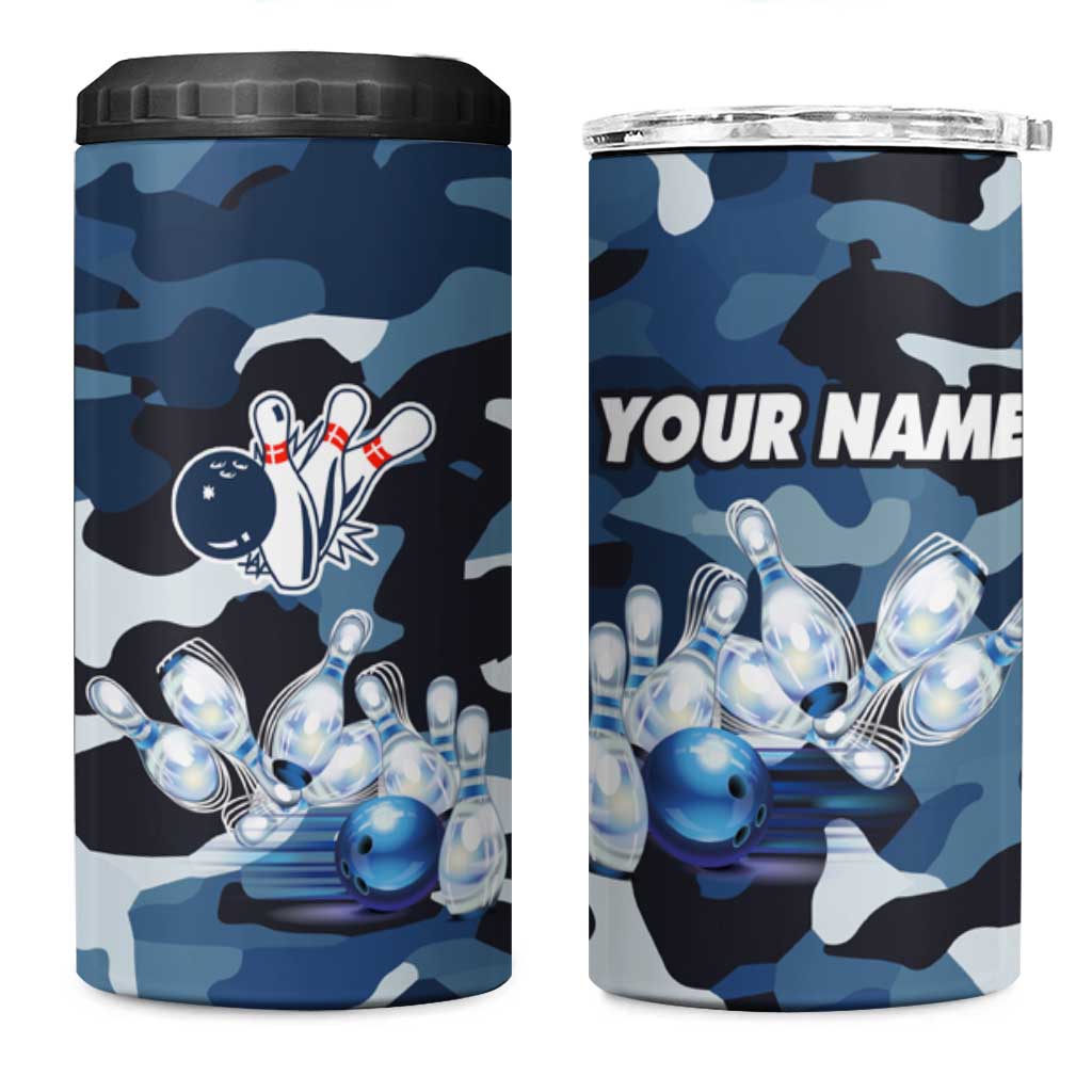 Blue Camouflage Pattern 4 in 1 Can Cooler Tumbler with Bowling Pins and Ball Graphic Design - Wonder Print Shop