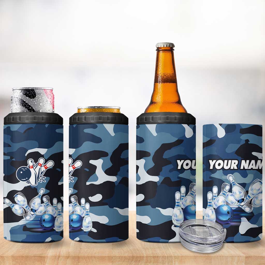 Blue Camouflage Pattern 4 in 1 Can Cooler Tumbler with Bowling Pins and Ball Graphic Design - Wonder Print Shop