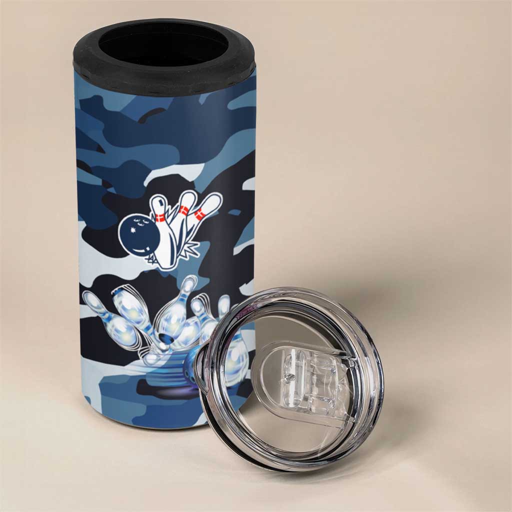 Blue Camouflage Pattern 4 in 1 Can Cooler Tumbler with Bowling Pins and Ball Graphic Design - Wonder Print Shop