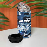 Blue Camouflage Pattern 4 in 1 Can Cooler Tumbler with Bowling Pins and Ball Graphic Design - Wonder Print Shop
