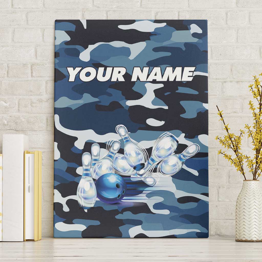 Blue Camouflage Pattern Canvas Wall Art with Bowling Pins and Ball Graphic Design - Wonder Print Shop