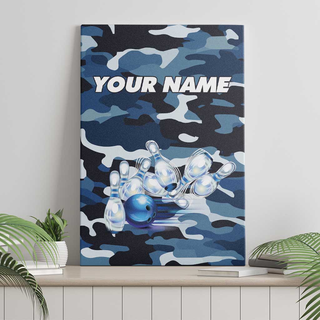 Blue Camouflage Pattern Canvas Wall Art with Bowling Pins and Ball Graphic Design - Wonder Print Shop
