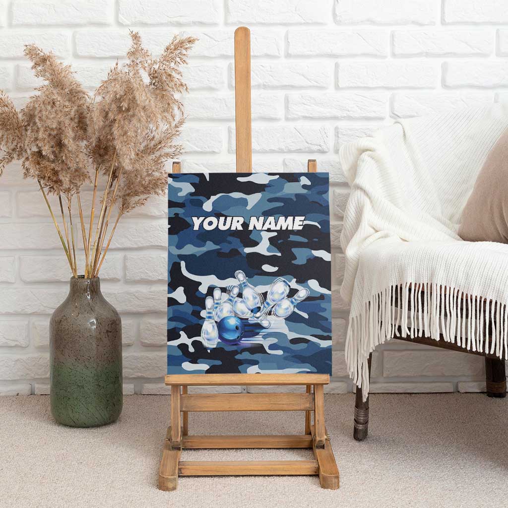Blue Camouflage Pattern Canvas Wall Art with Bowling Pins and Ball Graphic Design - Wonder Print Shop