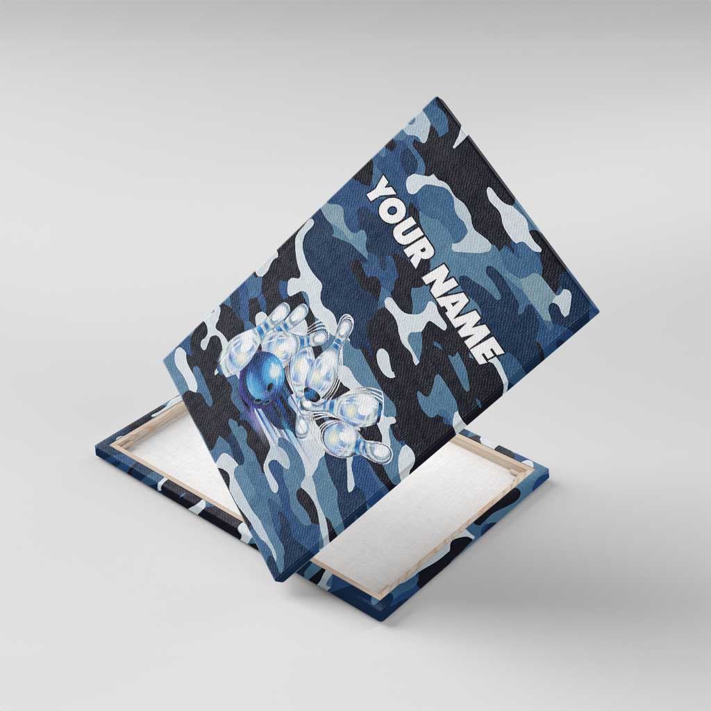 Blue Camouflage Pattern Canvas Wall Art with Bowling Pins and Ball Graphic Design - Wonder Print Shop