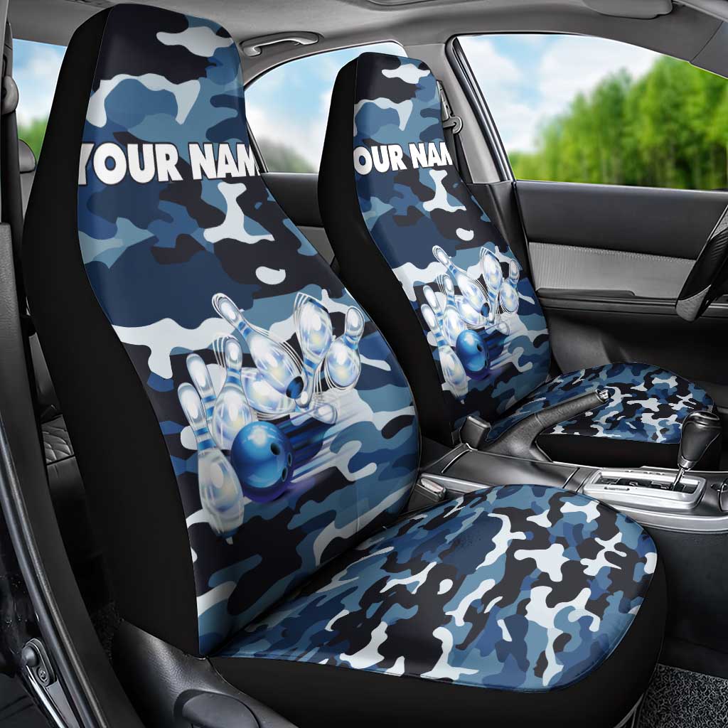 Blue Camouflage Pattern Car Seat Cover with Bowling Pins and Ball Graphic Design - Wonder Print Shop
