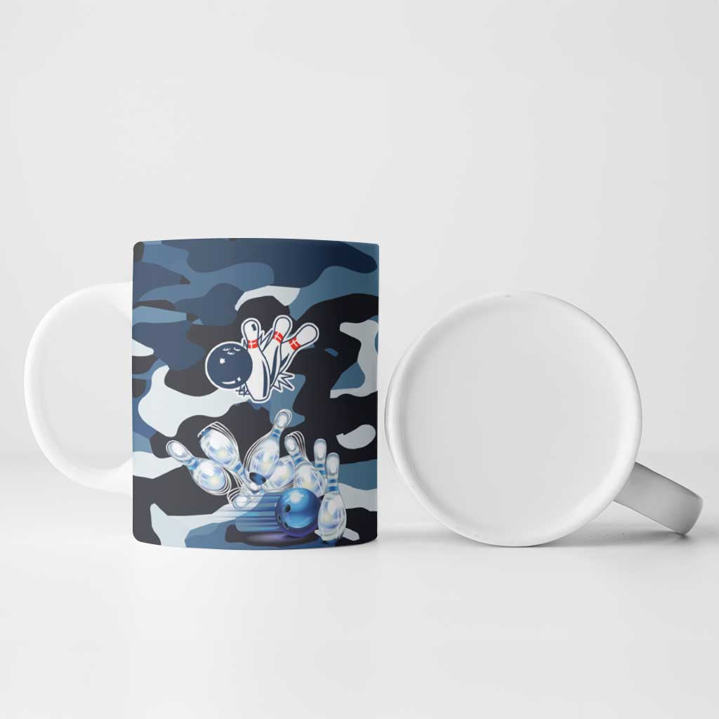Blue Camouflage Pattern Ceramic Mug with Bowling Pins and Ball Graphic Design - Wonder Print Shop