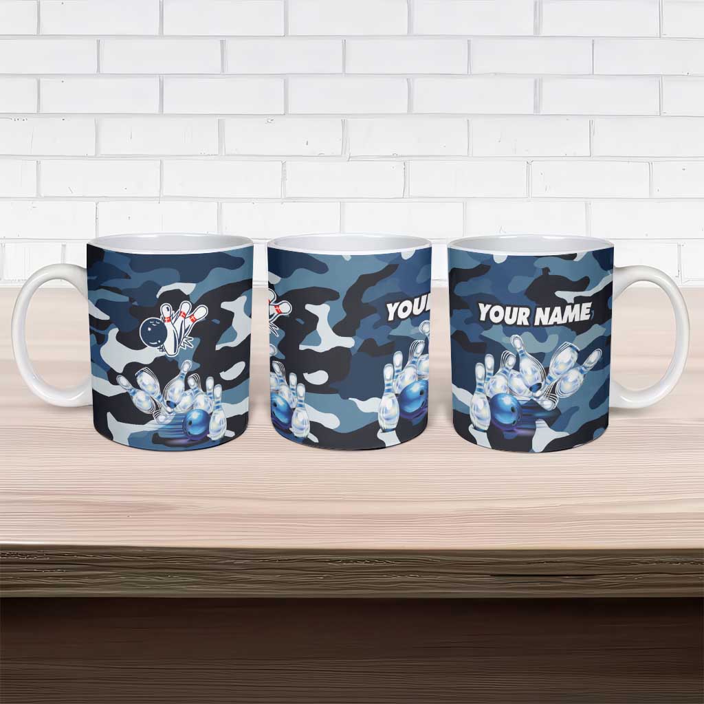 Blue Camouflage Pattern Ceramic Mug with Bowling Pins and Ball Graphic Design - Wonder Print Shop