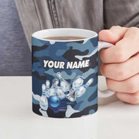 Blue Camouflage Pattern Ceramic Mug with Bowling Pins and Ball Graphic Design - Wonder Print Shop