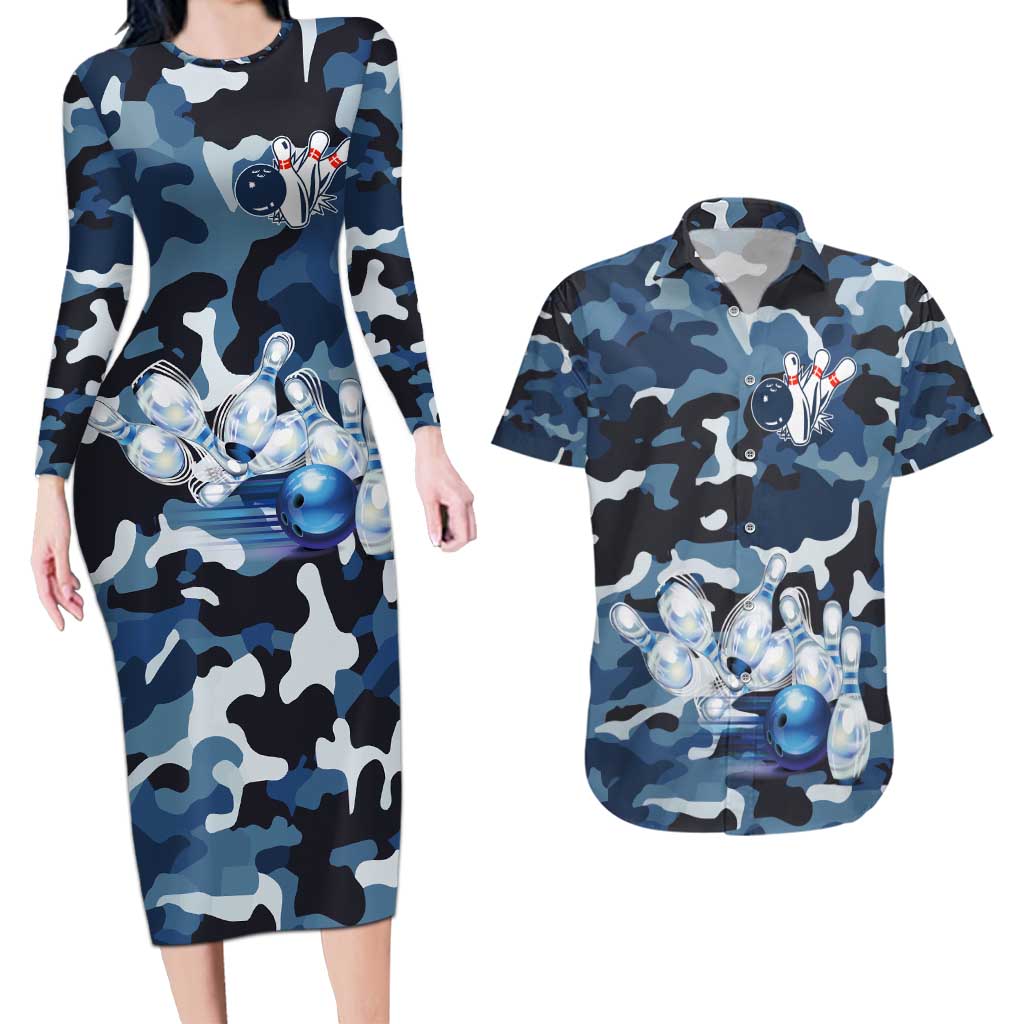 Blue Camouflage Pattern Couples Matching Long Sleeve Bodycon Dress and Hawaiian Shirt with Bowling Pins and Ball Graphic Design - Wonder Print Shop